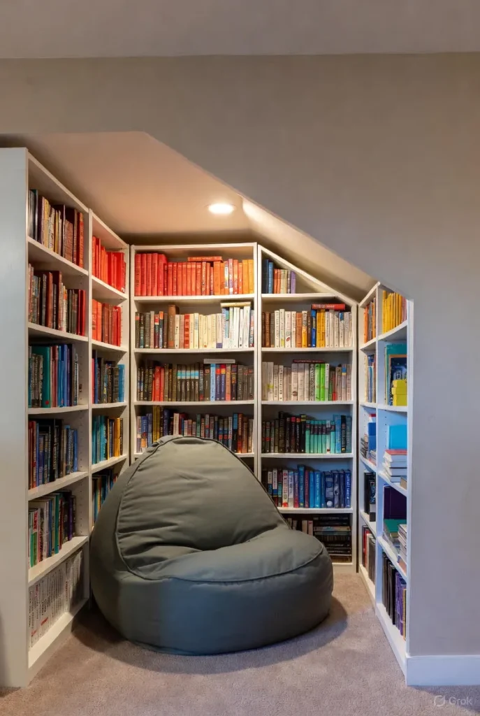 Under Stair Library with Colorful Bookcases