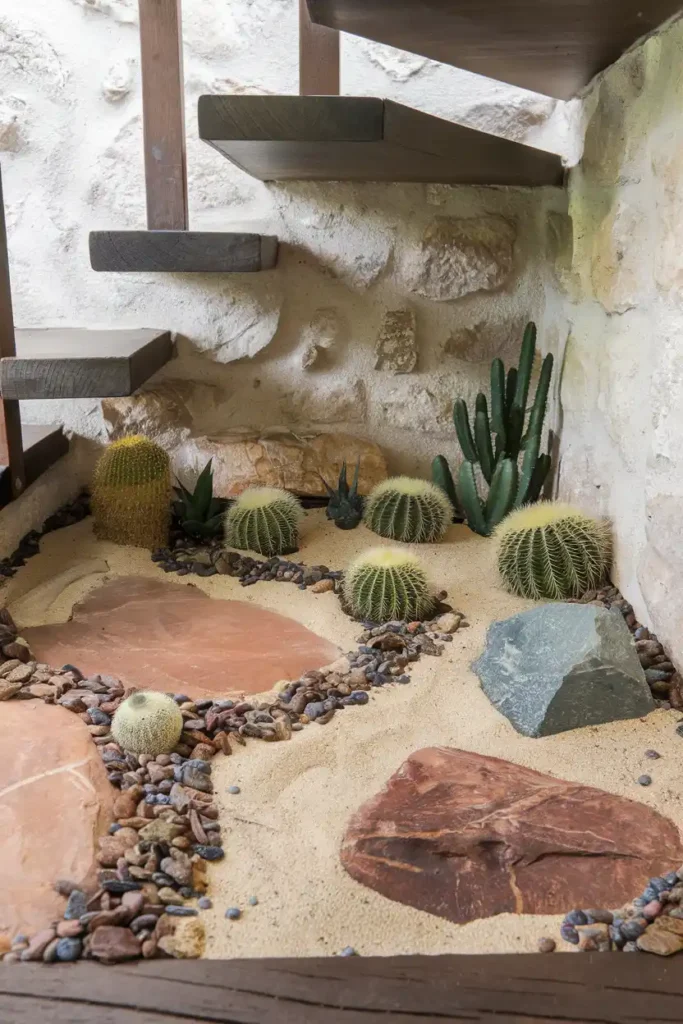 Under Stair Rock Garden with Mini Cactus