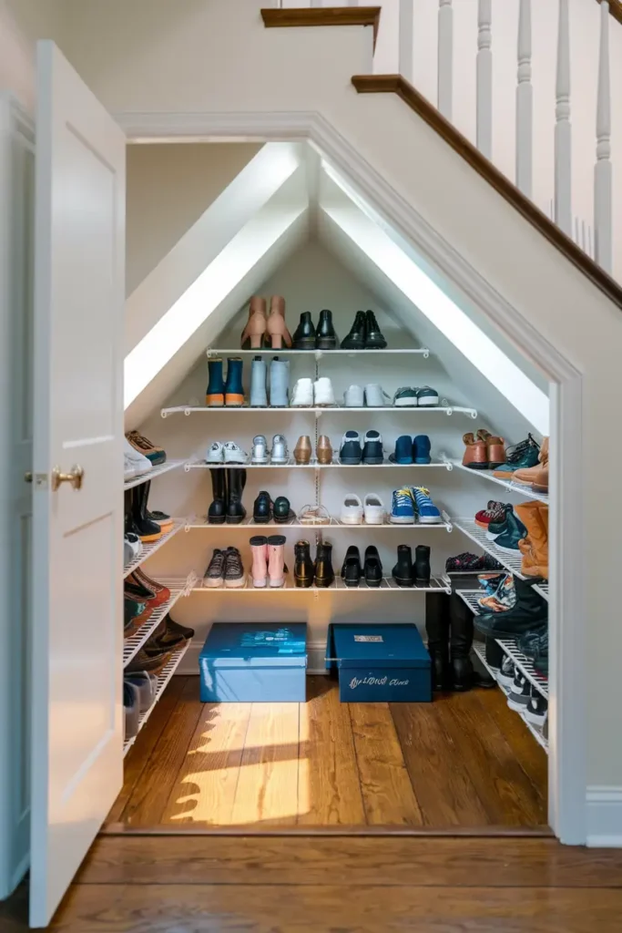 Under Stair Shoe Closet with Tiered Racks 1