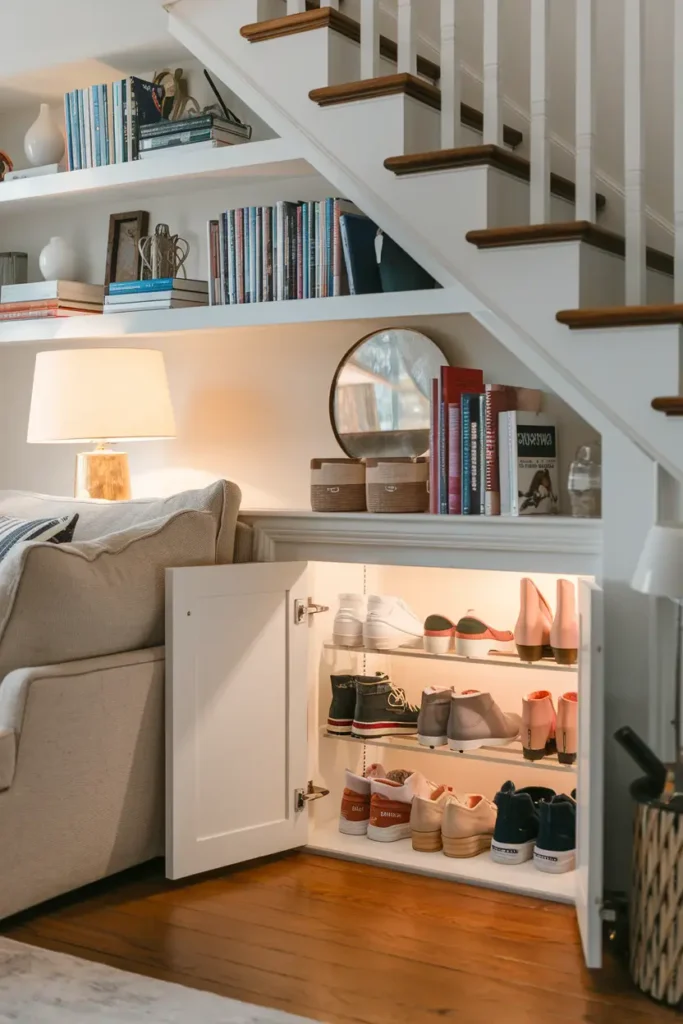 Under Stair Shoe Closet with Tiered Racks