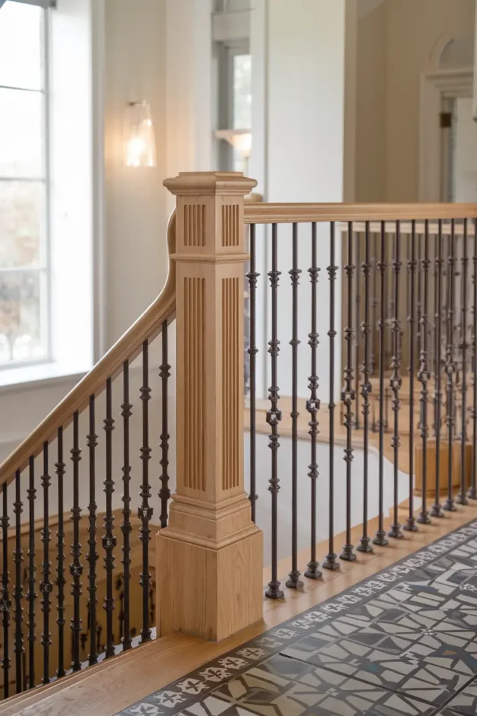 Wooden Handrail with Vertical Iron Balusters