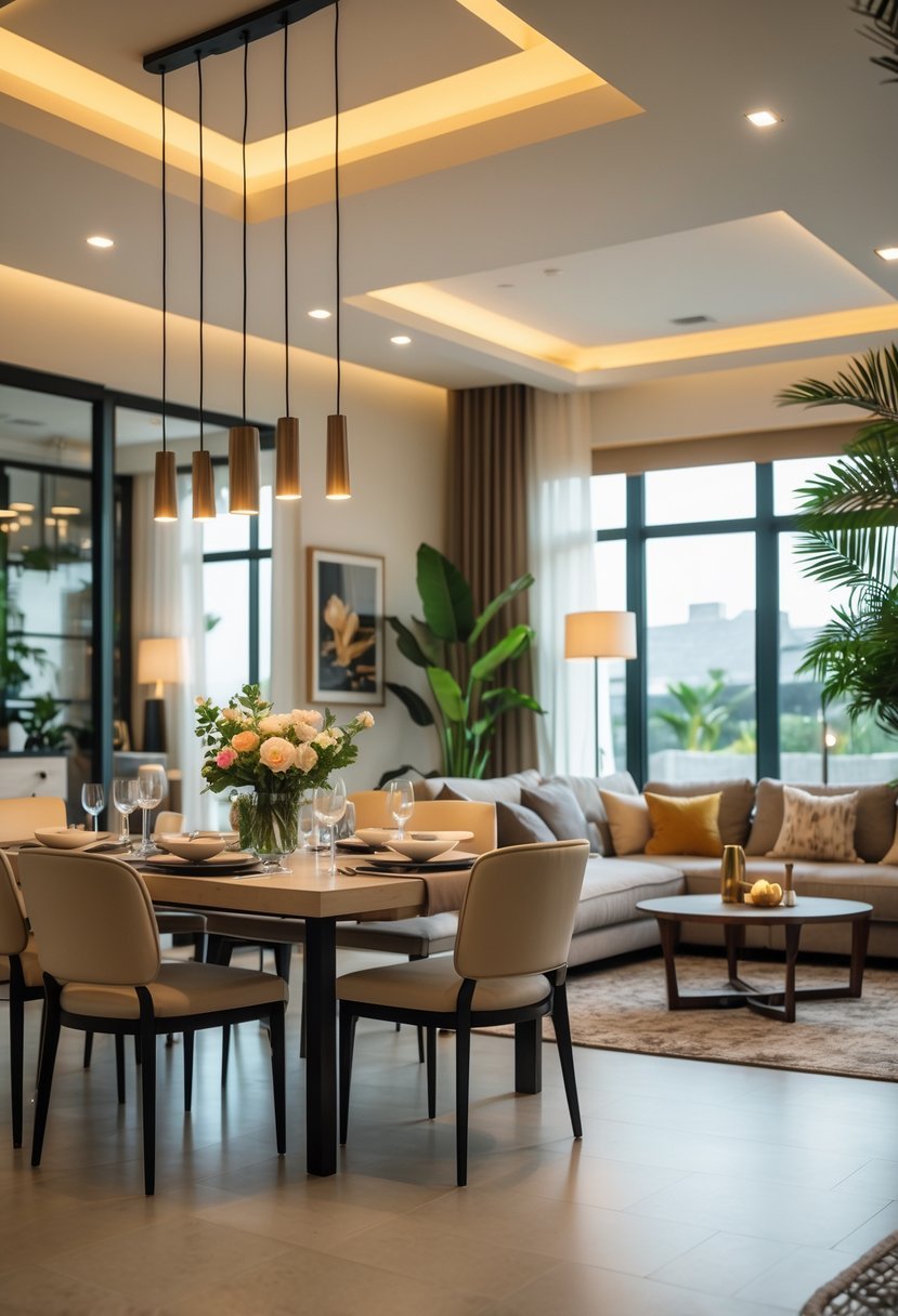 Open-concept room combining a dining area with a table and chairs and a living area with a sofa and coffee table.