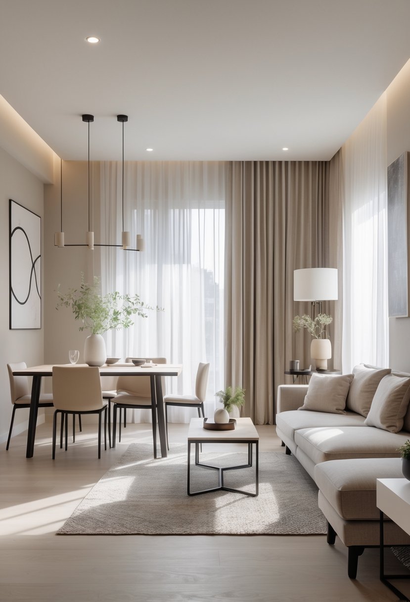 A combined living and dining room with a dining table, chairs, sofa, coffee table, and large windows letting in natural light.