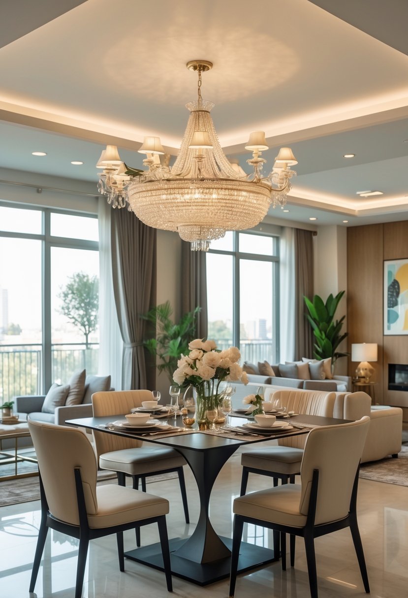 A dining and living room combined into one open space with a chandelier over the dining table and comfortable seating in the living area.