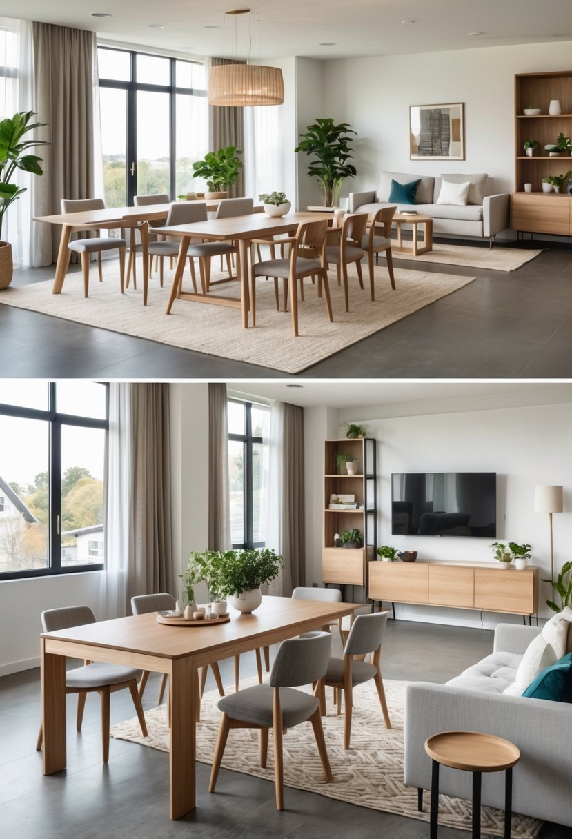 A bright dining and living room combined, featuring matching furniture materials creating a cohesive and inviting space.