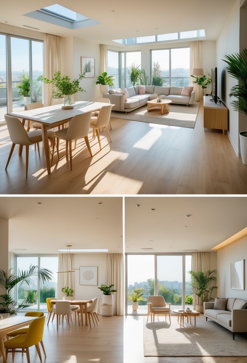 A combined dining and living room with furniture arranged to create clear pathways for easy movement.