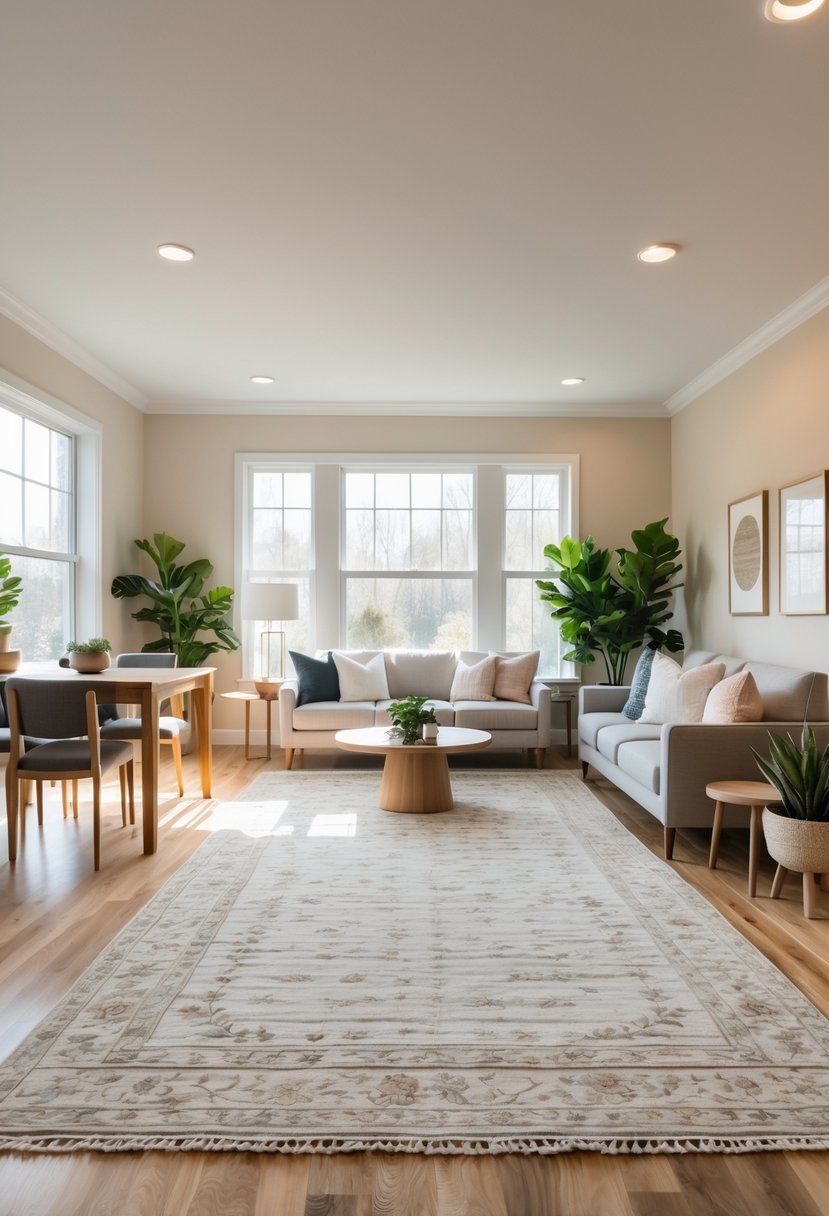 A dining and living room combined into one space with a large area rug covering the floor beneath both the dining table and the sofa.
