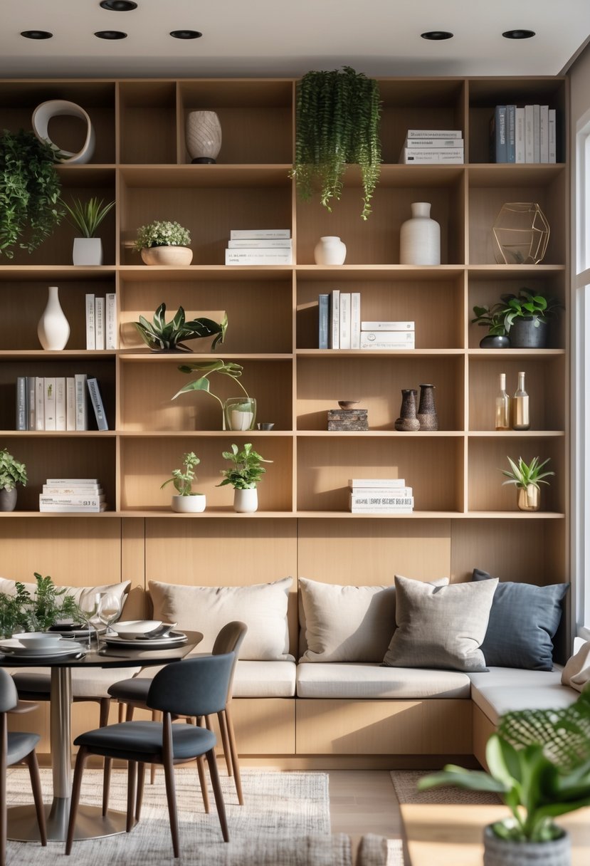 A dining and living room combined with open shelving displaying decor items between the two areas.