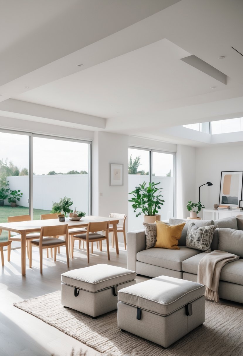 Open-plan dining and living room with multifunctional furniture including storage ottomans used as seating and storage.