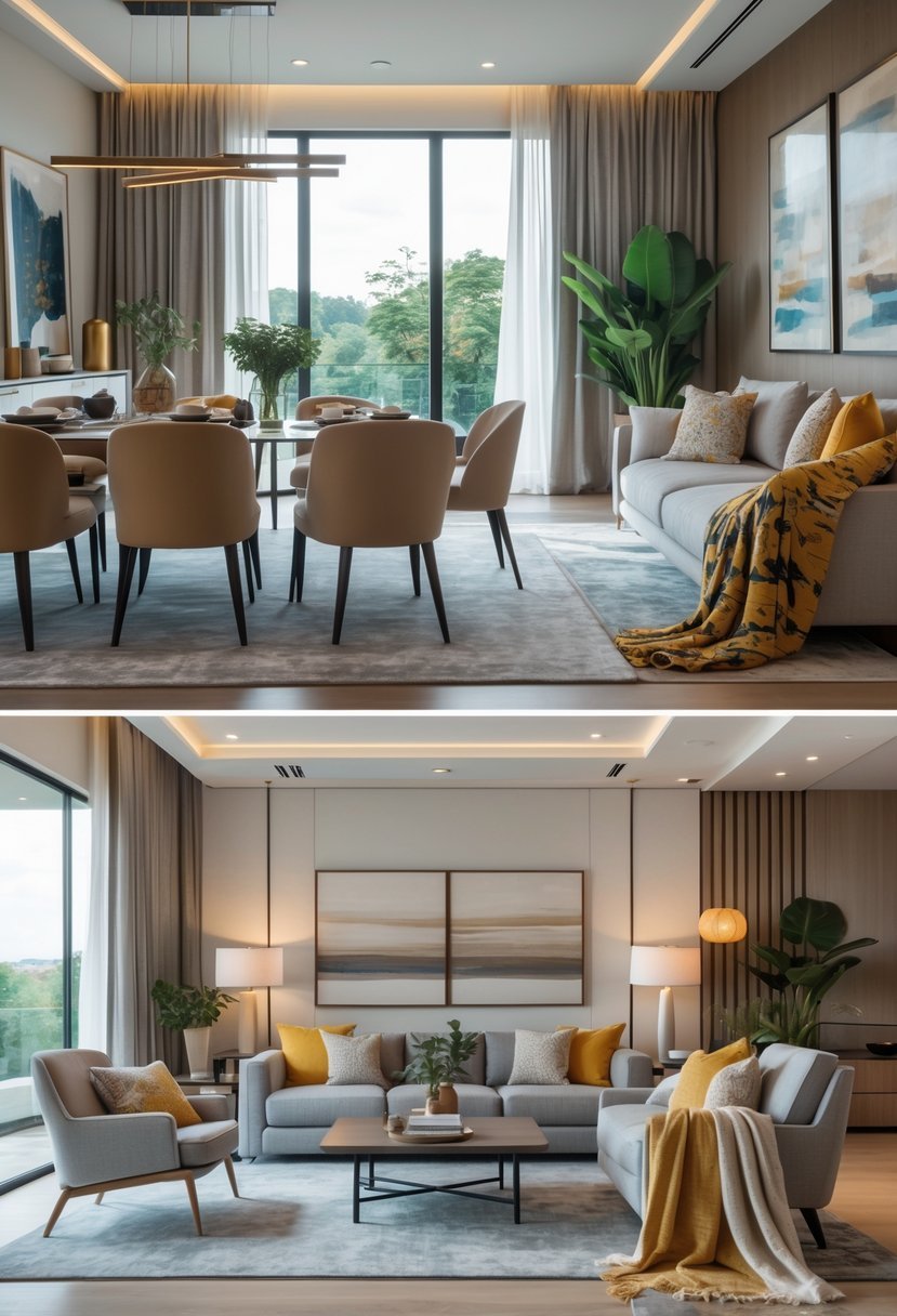 An open dining and living room with matching cushions and throws on chairs and sofas, creating a coordinated and inviting space.