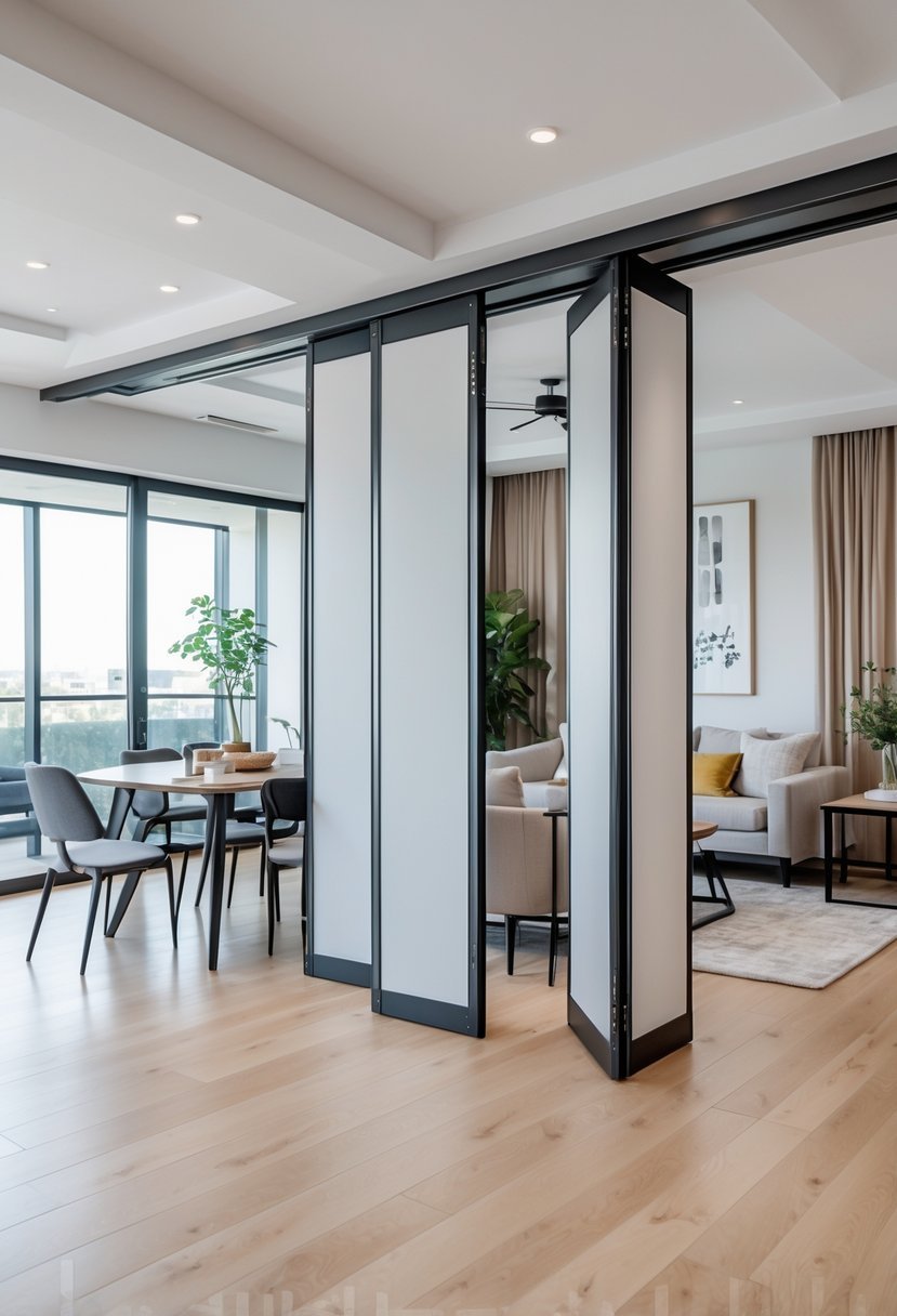 An open dining and living room separated by partially open sliding or folding partitions, showing a dining table with chairs on one side and a sofa with a coffee table on the other.