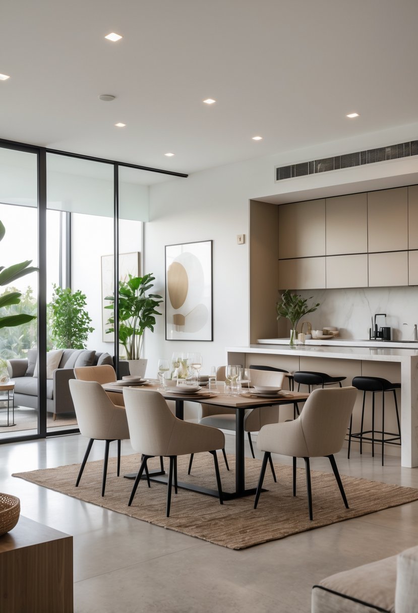 An open-concept dining and living room with a dining table near the kitchen and a cozy seating area.