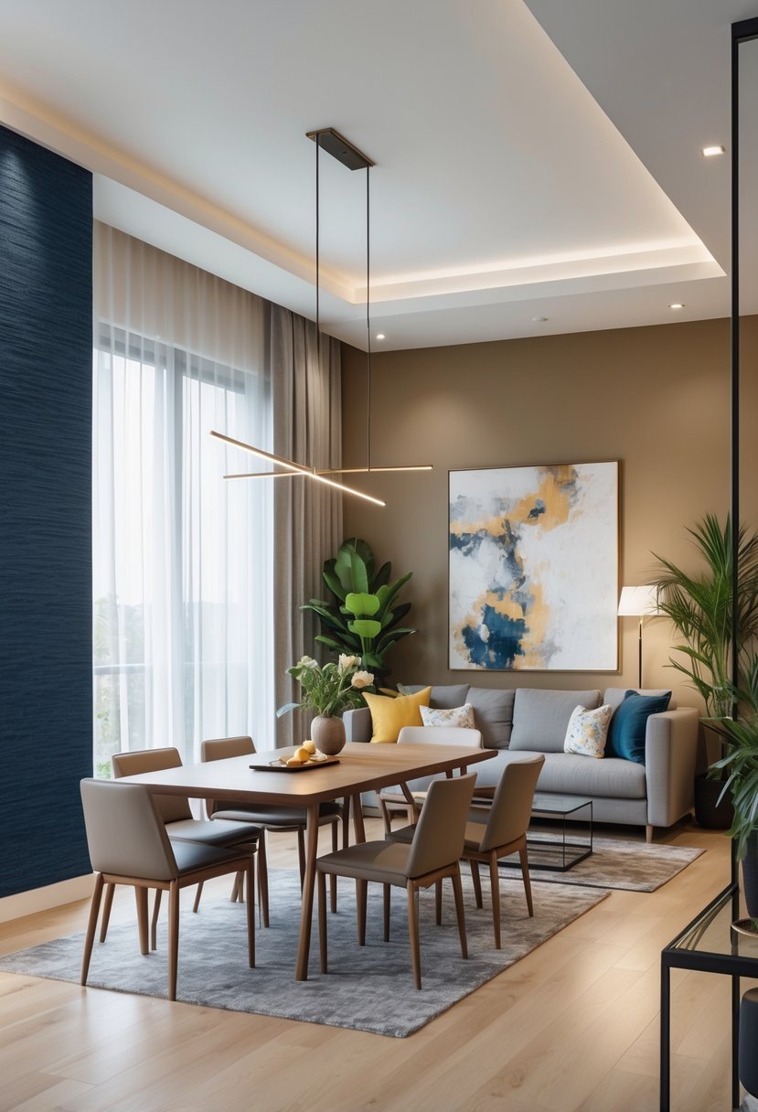 An open dining and living room with different colored accent walls defining each area, featuring a dining table with chairs and a sofa with a coffee table.