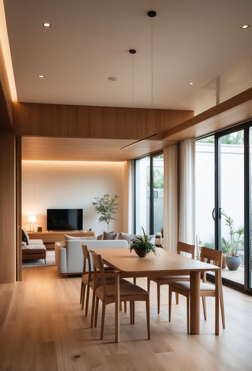 Open-plan dining and living room with a wooden dining table, chairs, sofa, coffee table, and large windows letting in natural light.
