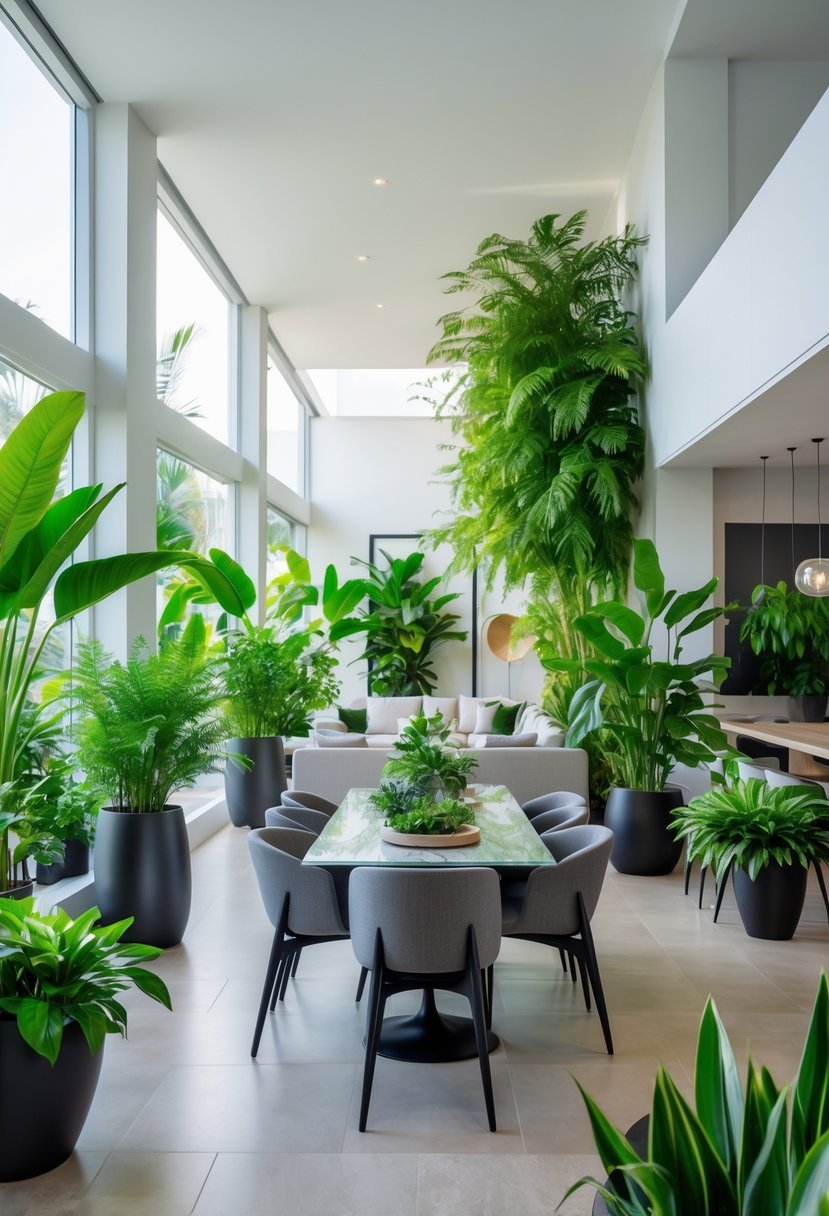 A dining and living room combination with a dining table, sofa, and multiple green plants placed around the space.