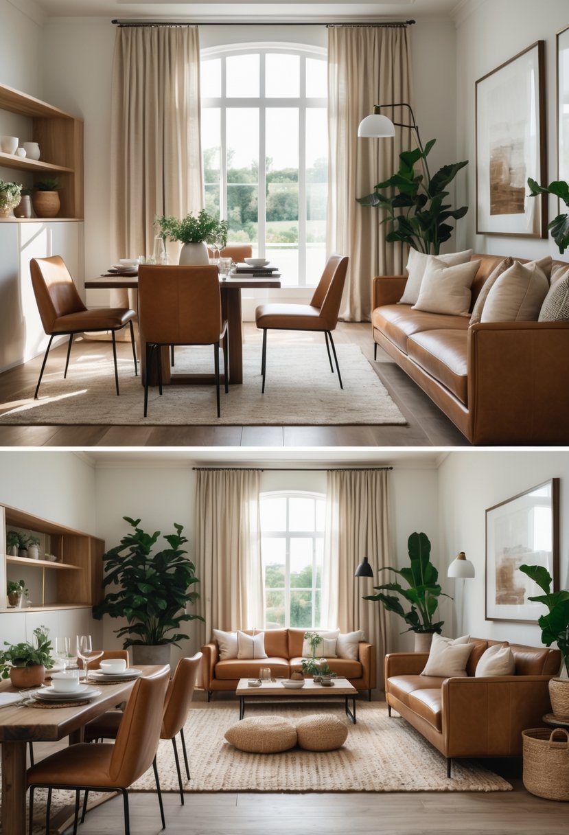 A combined dining and living room with leather chairs and sofa, linen cushions and curtains, a wooden dining table, and natural light coming through large windows.