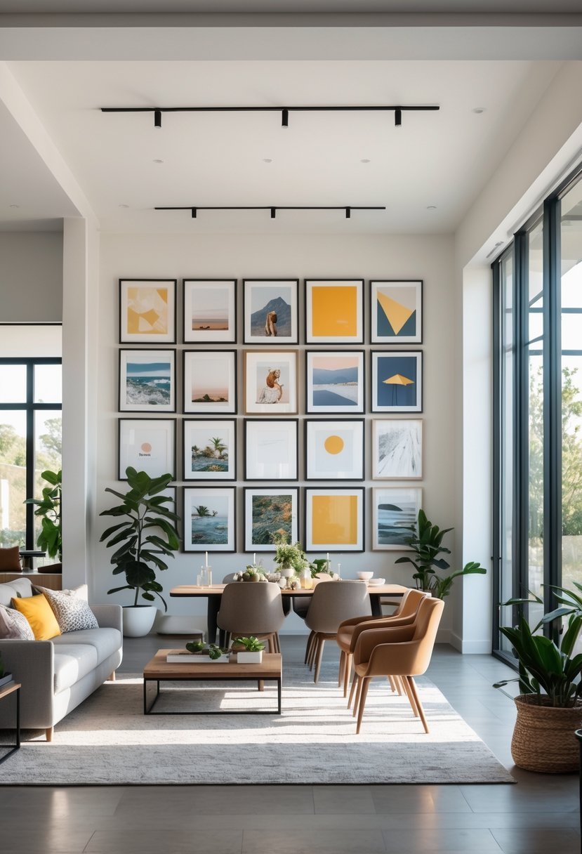 An open living and dining room with a large gallery wall displaying multiple framed artworks, a sofa, coffee table, dining table with chairs, and natural light filling the space.