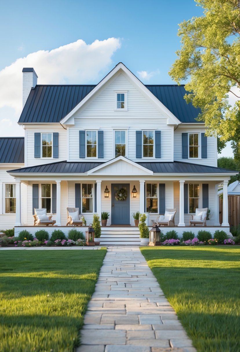 A farmhouse exterior painted in multiple shades of white with a front porch, windows, and a green lawn under a clear sky.