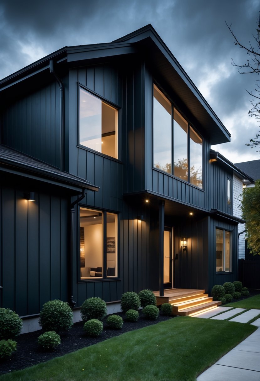 Modern house exterior painted in deep charcoal black with large windows and surrounding dark green shrubs under an overcast sky.