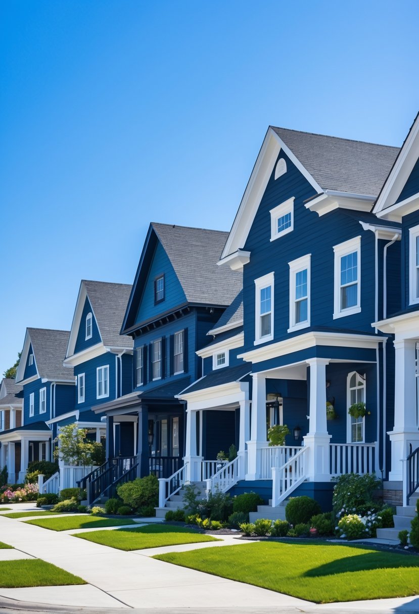 Several houses in a neighborhood painted in different shades of navy blue with green lawns and clear skies.