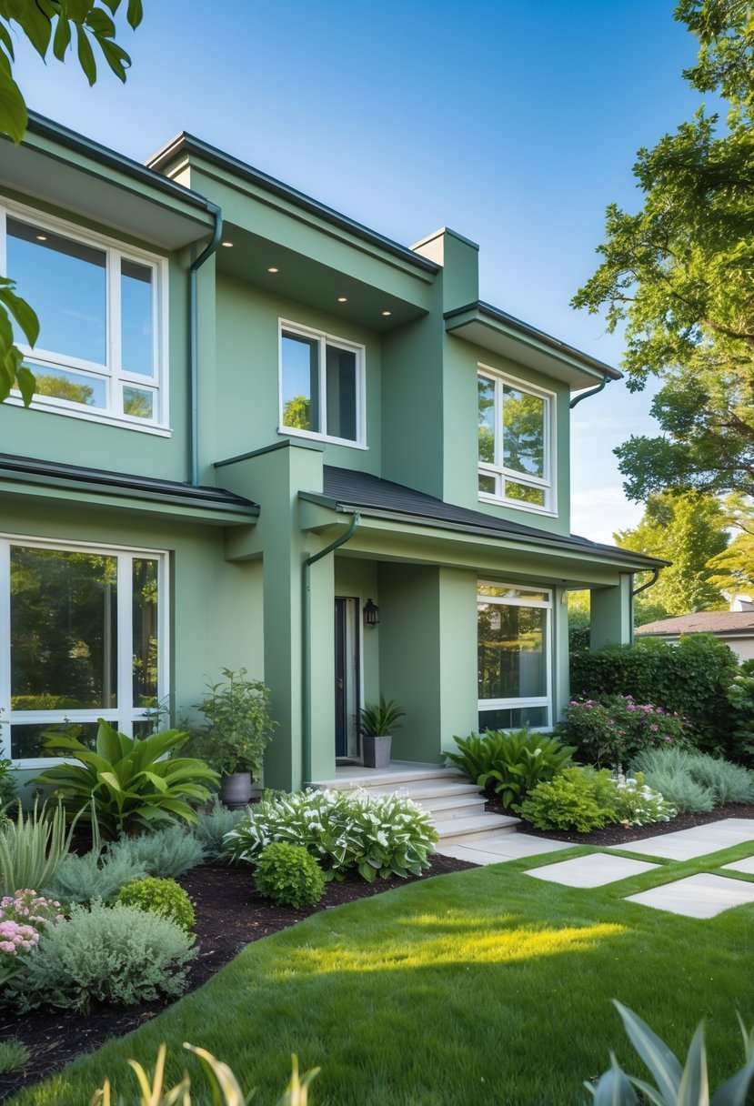 Exterior view of a modern house painted in different shades of sage green with a green yard and clear sky.