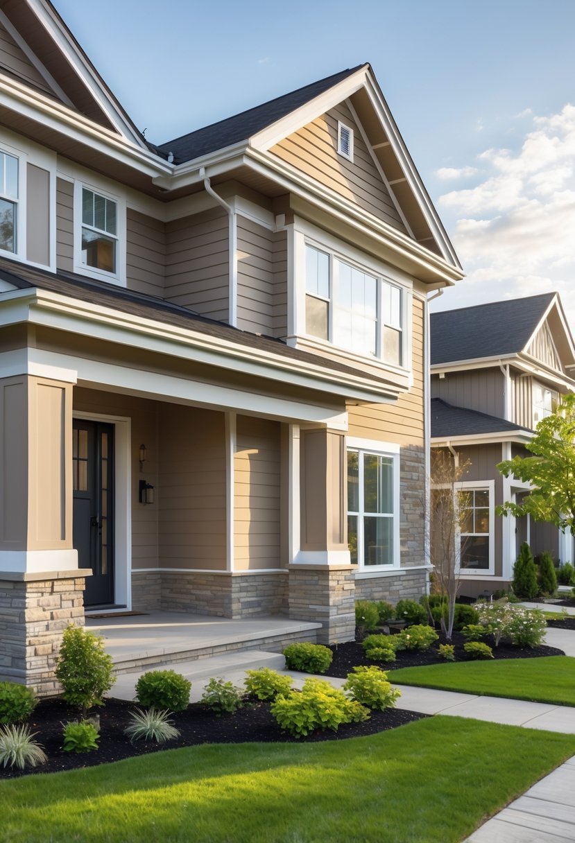 A residential house exterior painted in warm taupe with a green front yard and clear sky.