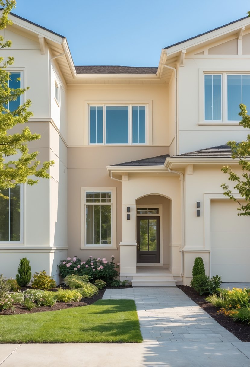 Exterior view of a modern house painted in various soft cream shades with surrounding greenery under a clear sky.