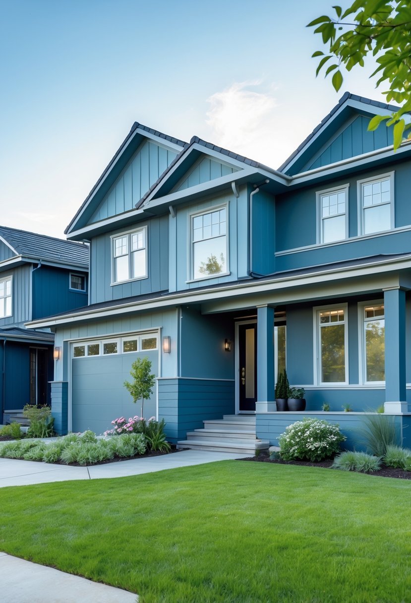 A modern house exterior painted in various shades of dusty blue with a landscaped front yard under a clear sky.