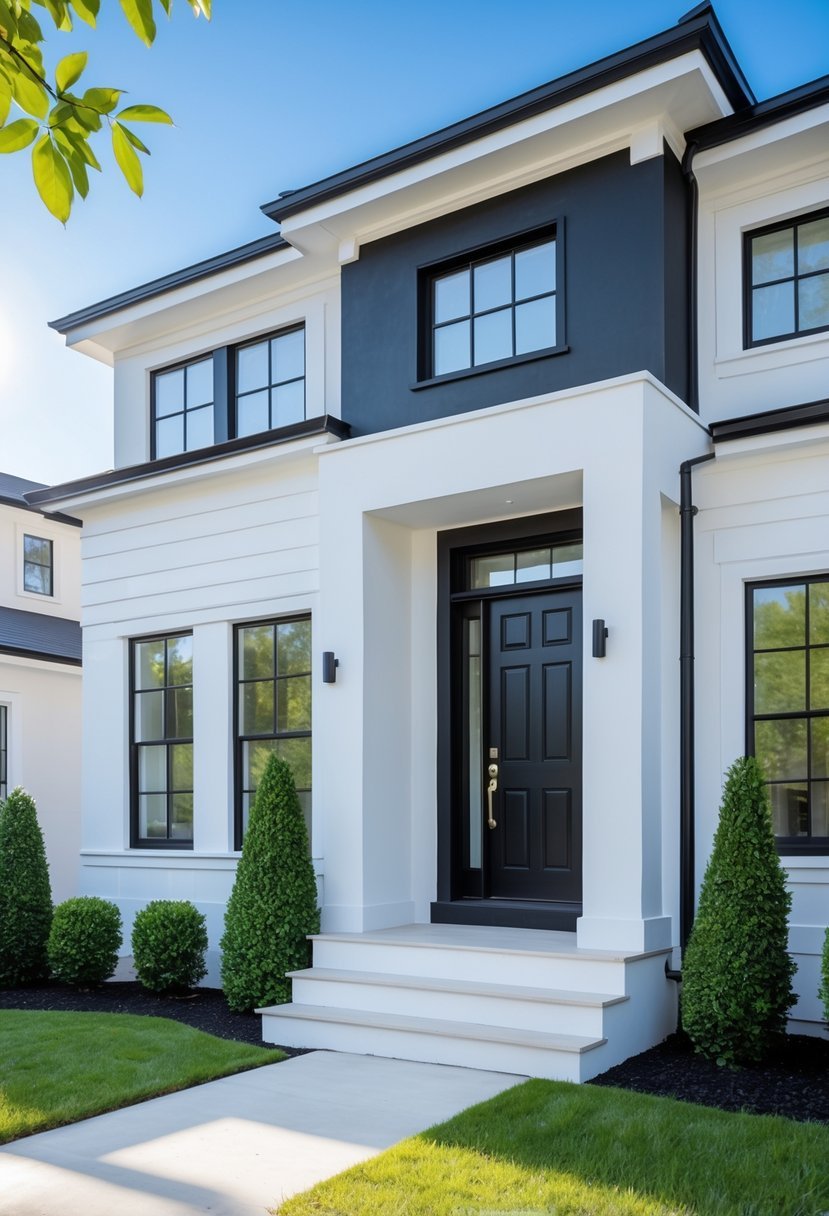 Modern house exterior painted in black and white with green shrubs and a clear blue sky.