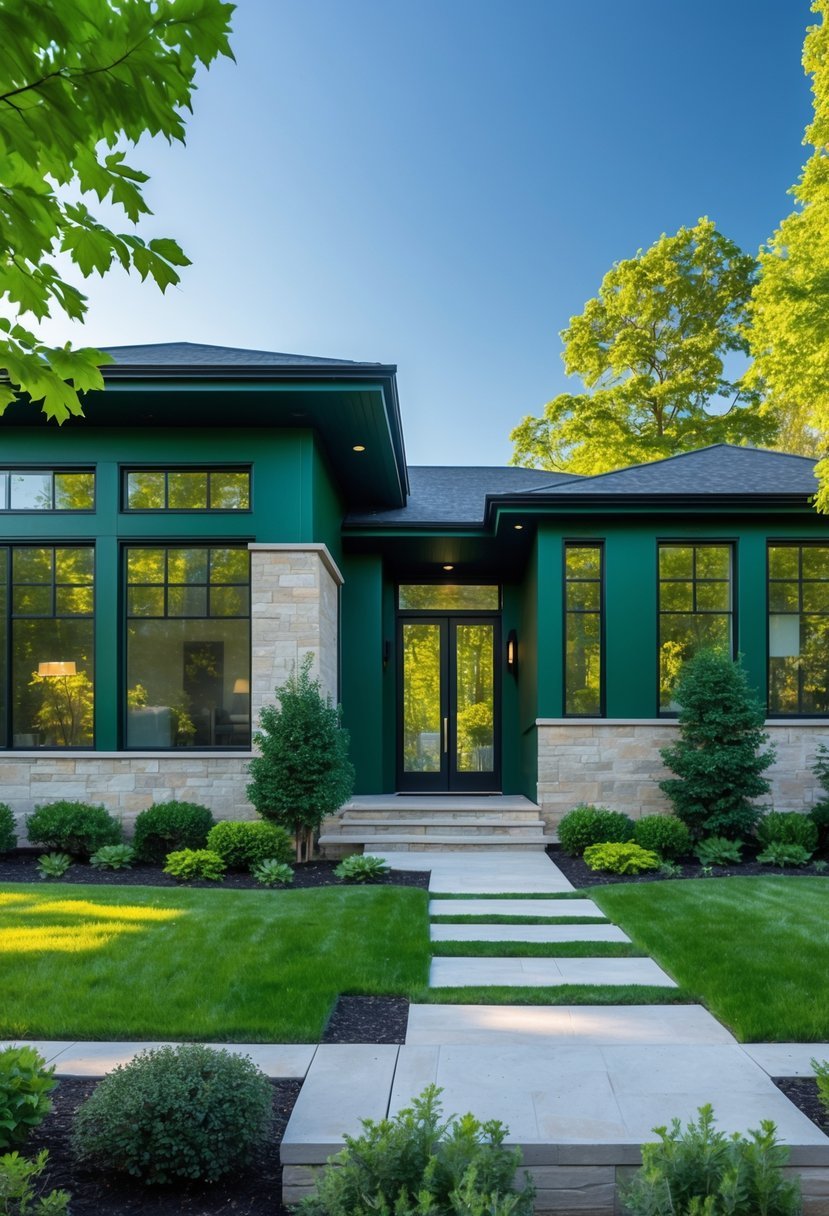 A modern house exterior painted deep forest green with large windows and a green front yard under a clear blue sky.