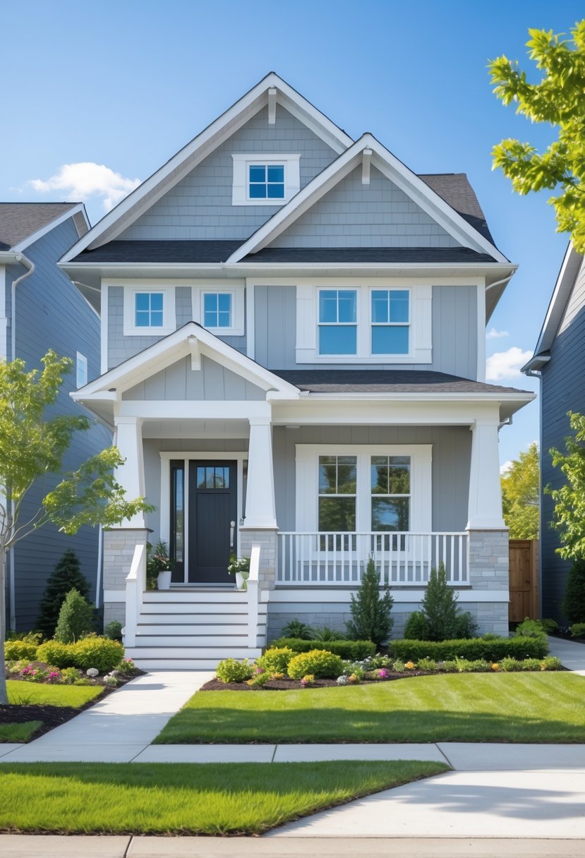 A suburban house painted light gray with white trim, surrounded by green lawn and plants under a clear blue sky.