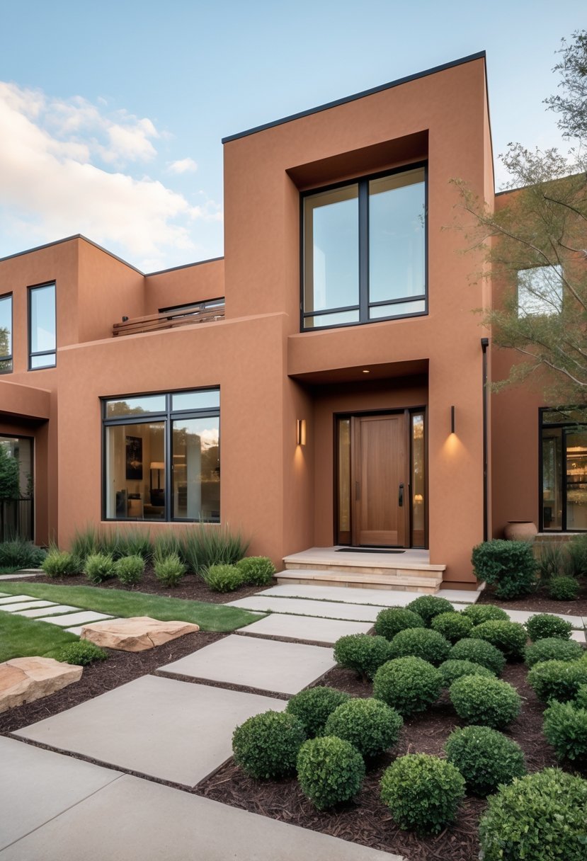Exterior view of a modern house painted in muted terracotta with green shrubs and a stone pathway in front.