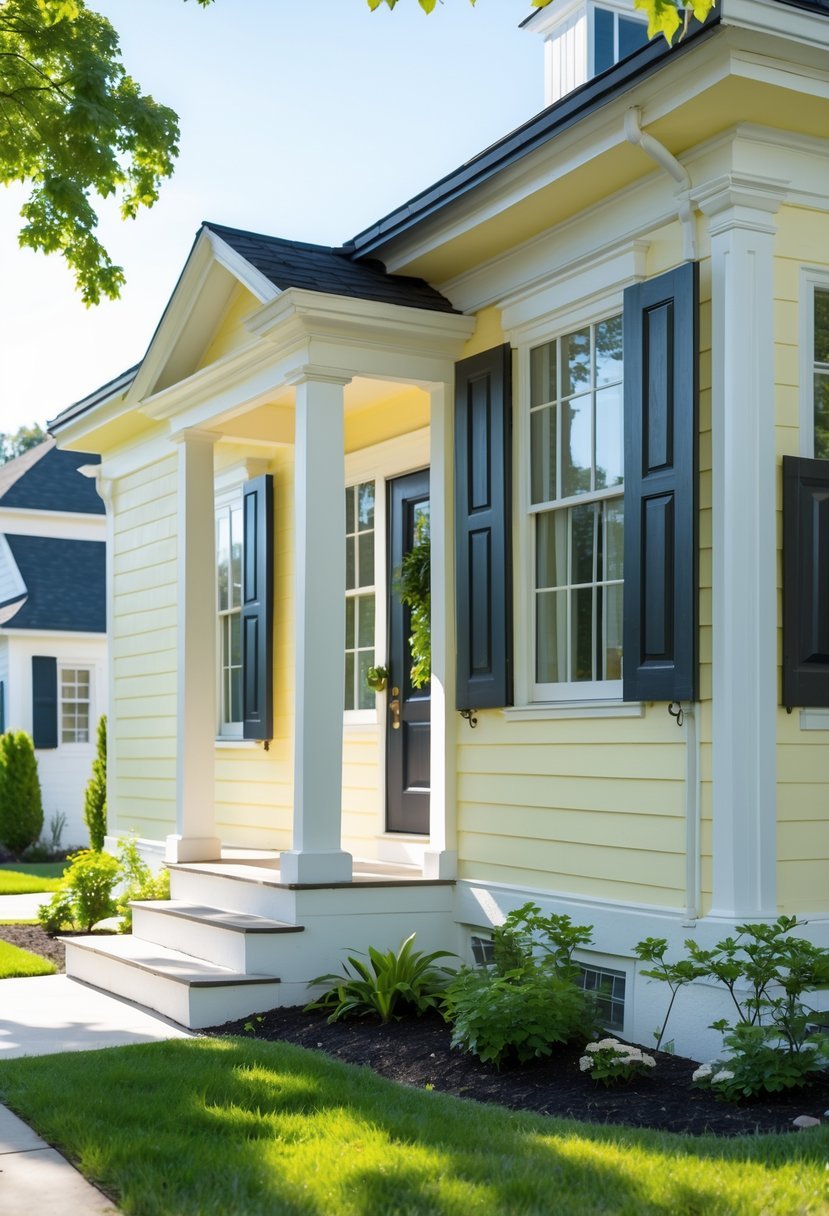 A house exterior painted pale yellow with dark shutters and white trim, surrounded by green grass and flowering plants.