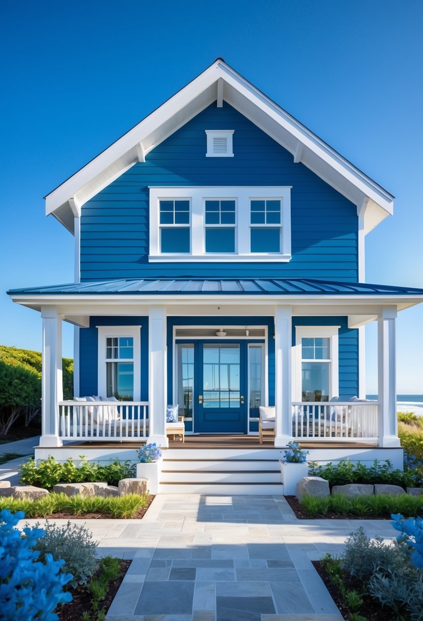 A modern coastal house painted deep blue with white trim, surrounded by greenery and a view of the ocean in the background on a sunny day.