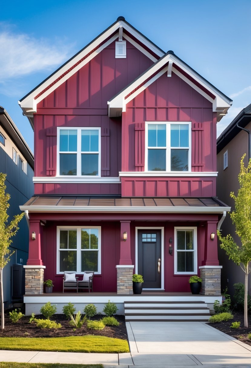 A modern two-story house exterior painted in various rich burgundy shades with green landscaping and clear blue sky.