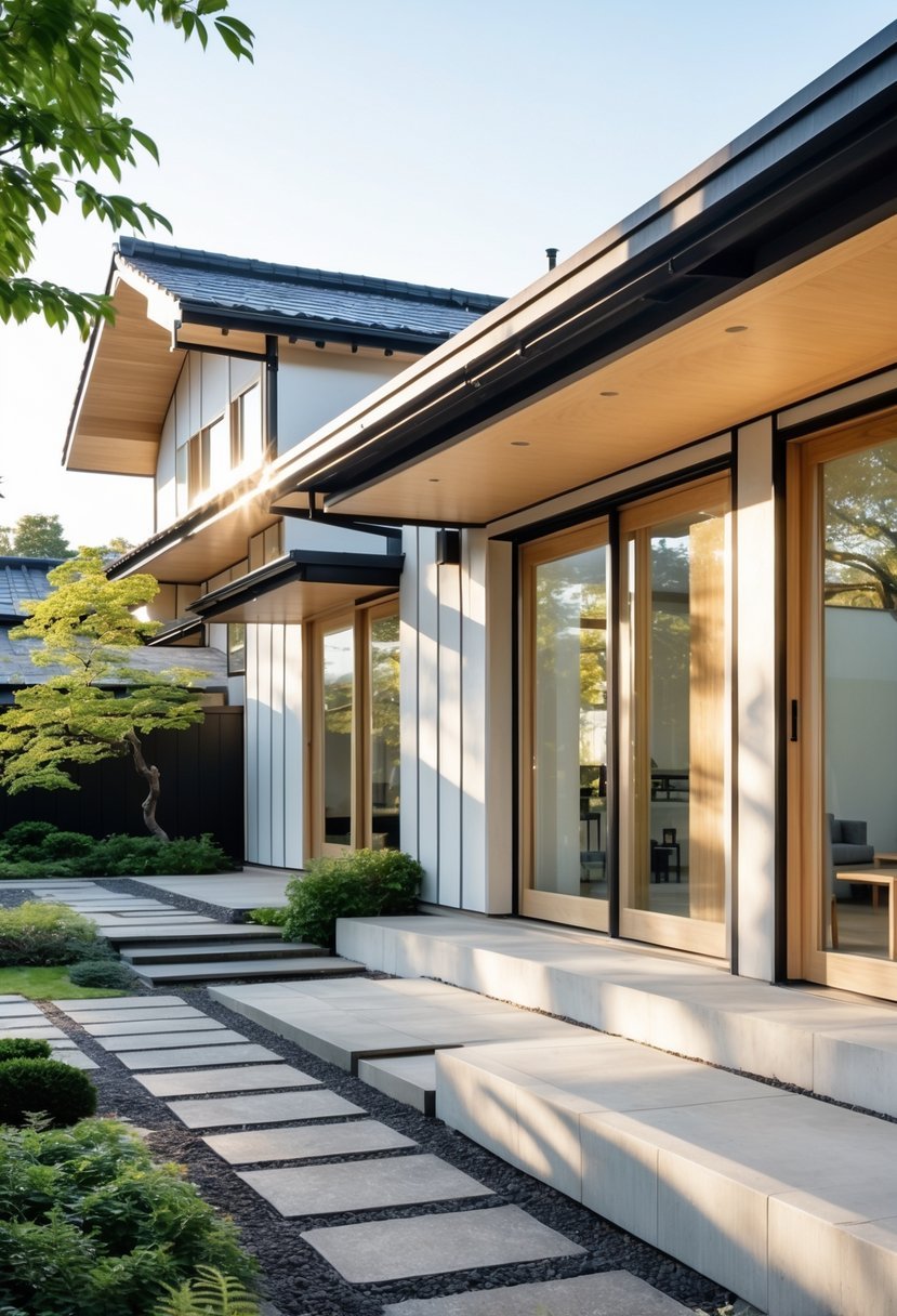 Exterior view of a modern house with large windows, natural wood elements, and a garden with stone pathways.