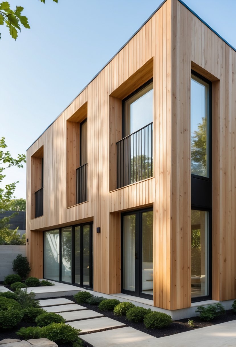 Exterior view of a modern house with wooden walls, large windows, and a garden with green plants and a stone path.