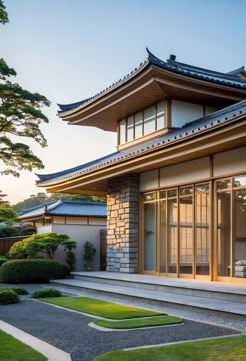 A modern house exterior with layered roofing surrounded by greenery and gardens under soft natural light.