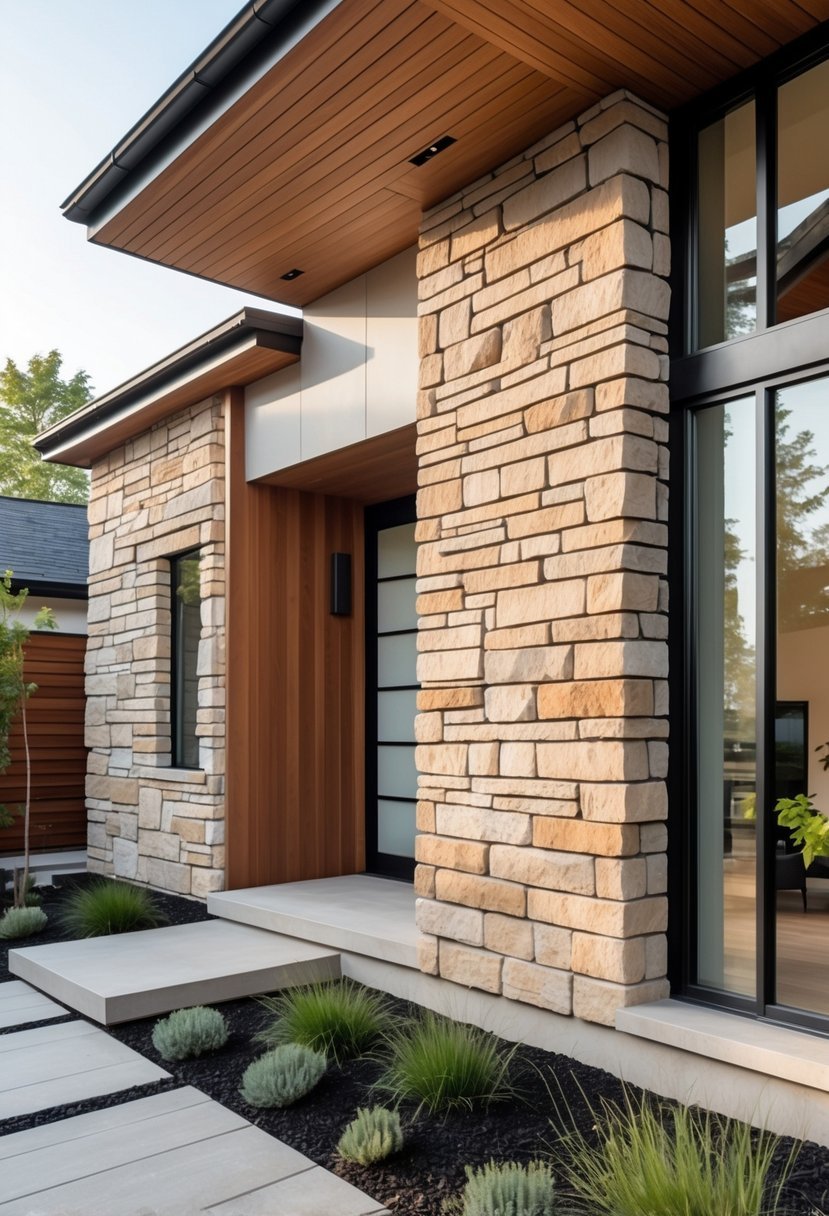 Exterior view of a modern house with stone cladding and natural landscaping.