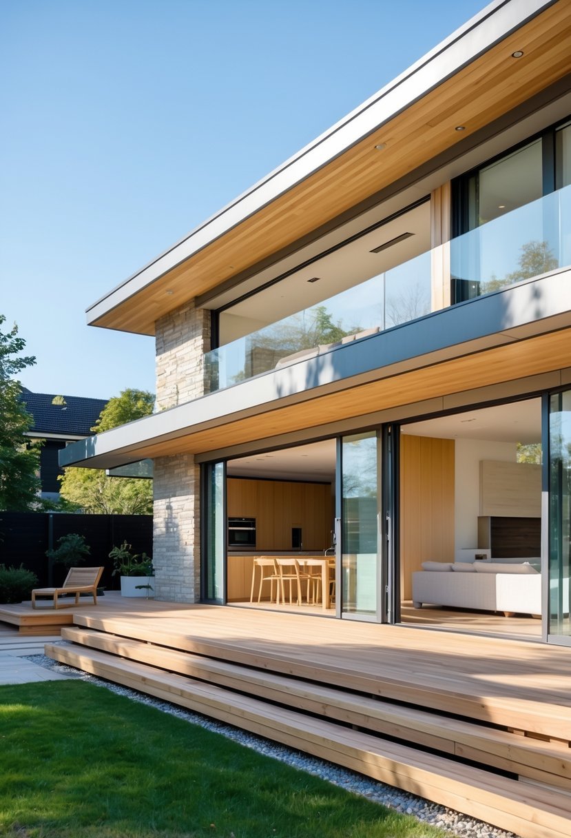 A multi-level wooden deck connecting the inside of a modern house to the outdoor garden area.
