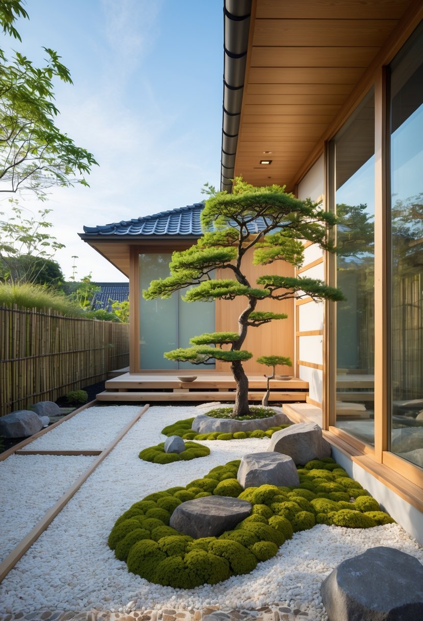 A modern house exterior surrounded by a peaceful garden with white gravel, stones, bonsai trees, and wooden decking under a clear sky.