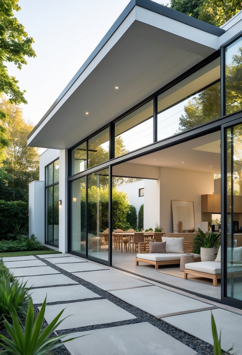 Modern house exterior with large glass doors open to a patio and garden, showing a smooth transition between indoor and outdoor living spaces.