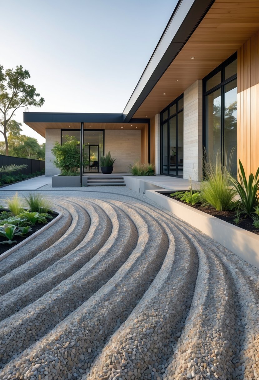 Exterior view of a modern house with raked gravel landscaping and surrounding plants.