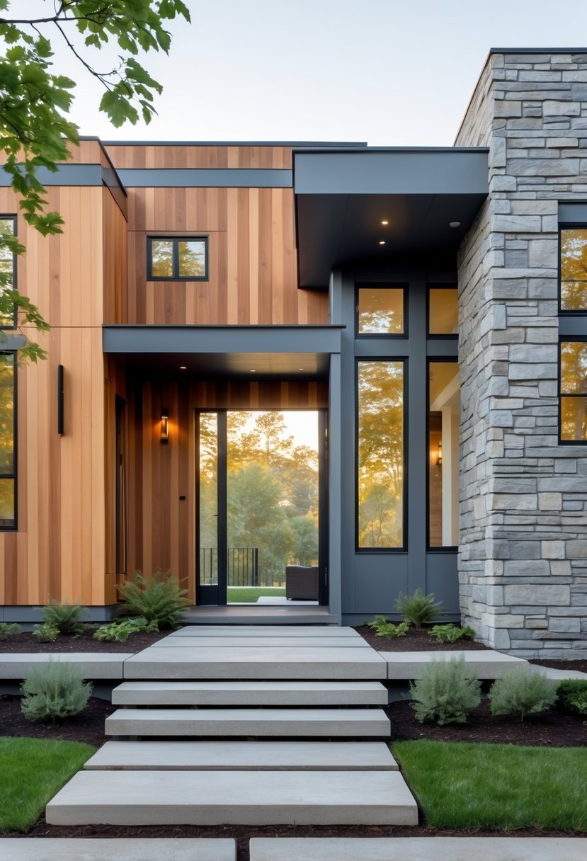 Exterior view of a modern house with wood, stone, and metal materials, surrounded by greenery and a stone pathway.