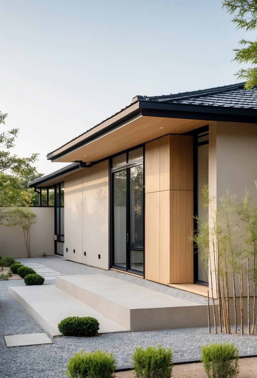 Exterior view of a modern house surrounded by a simple garden with shrubs and bamboo plants under clear daylight.