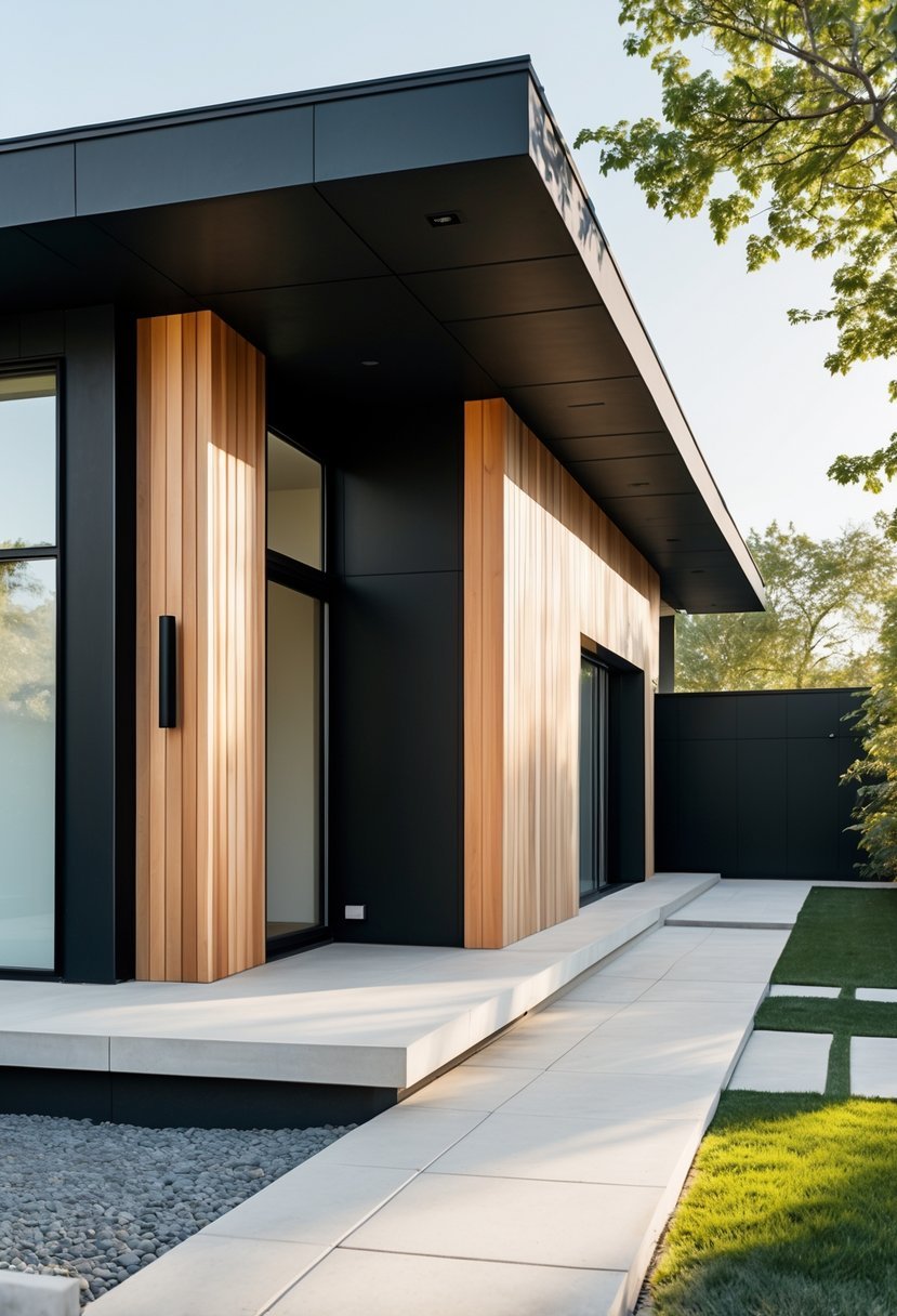 Modern house exterior with black and natural wood materials surrounded by greenery.