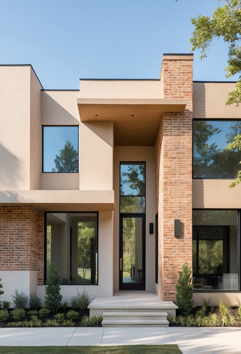 Exterior view of a modern house with stucco and brick walls surrounded by greenery under clear skies.