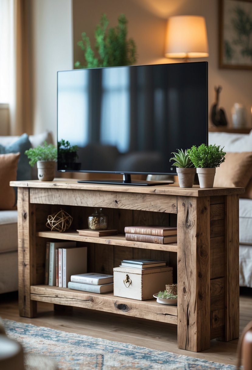 A rustic wooden TV stand with a flat-screen TV and decorative items in a cozy living room.