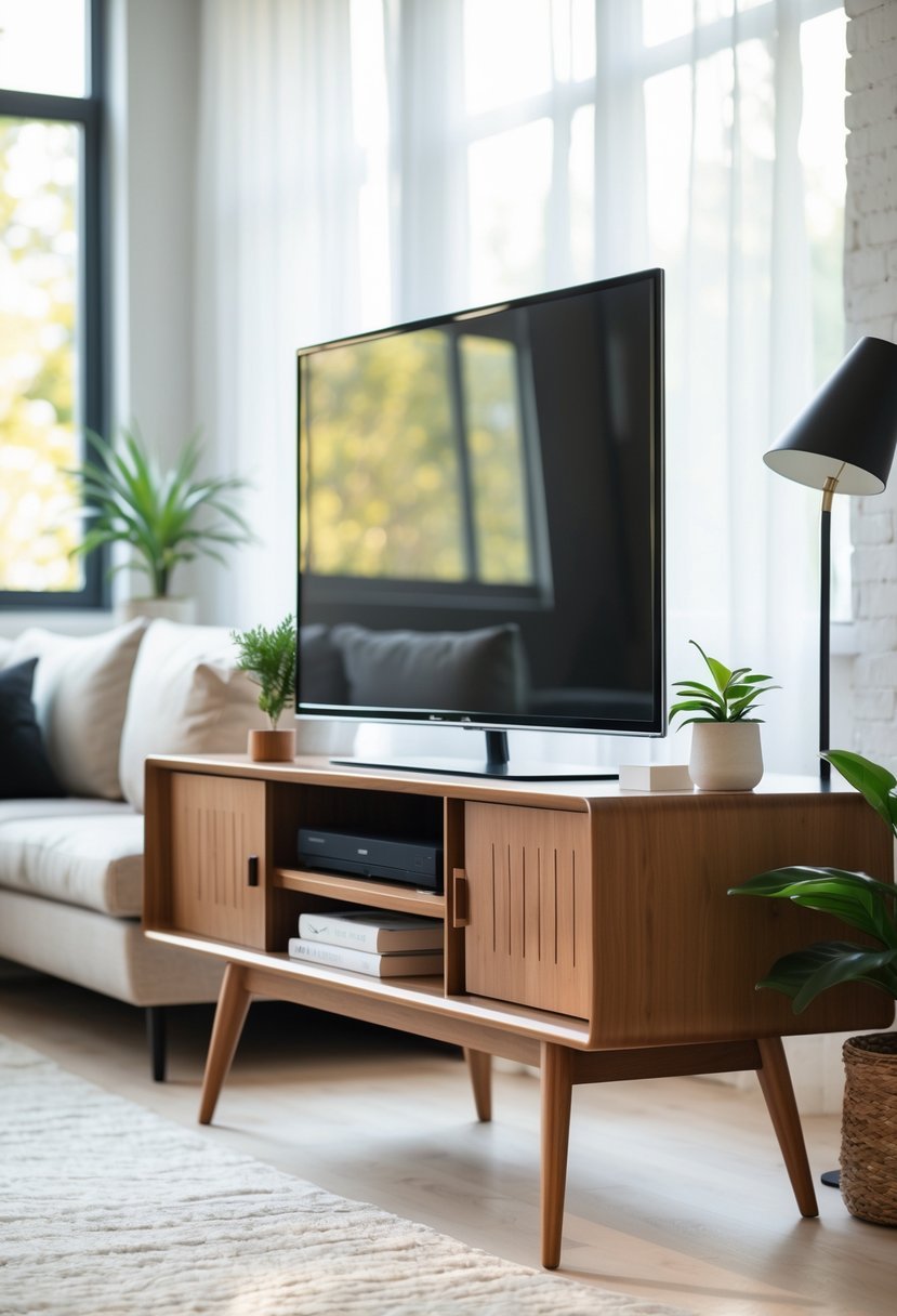 A wooden TV stand with a flat-screen television and decorative items in a bright living room with a sofa and large windows.