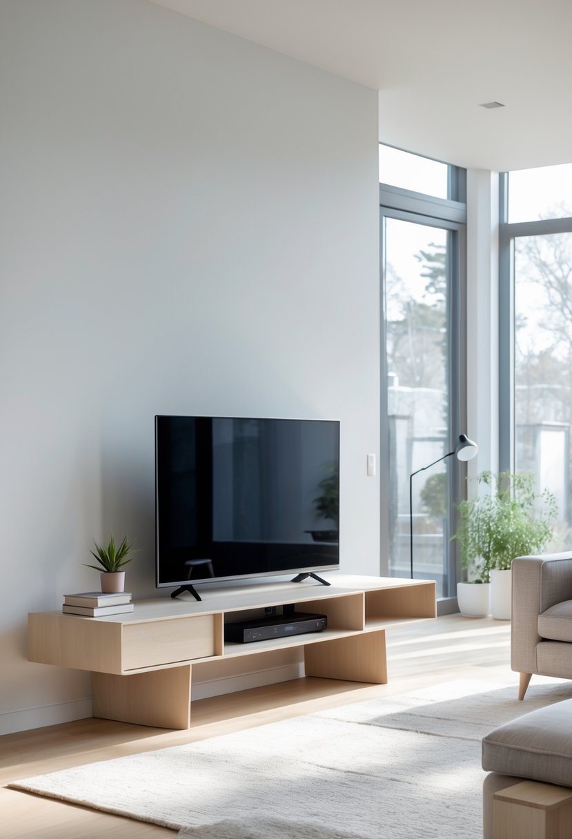 A living room with a low-profile TV stand holding a flat-screen television, a sofa, and natural light coming through large windows.